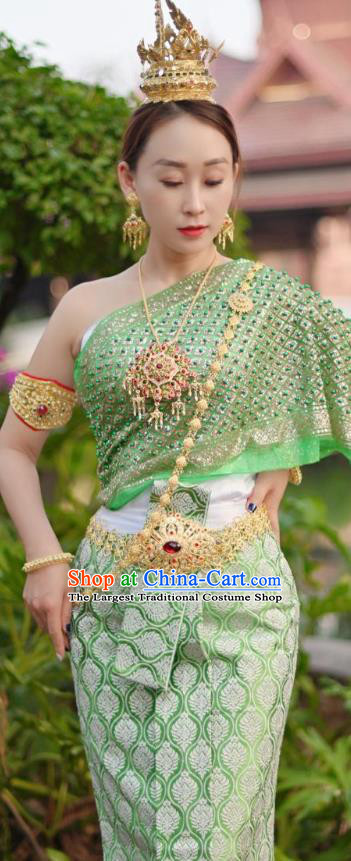 China Dai Nationality Stage Performance Costumes Asian Yunnan Ethnic Dance Green Dress