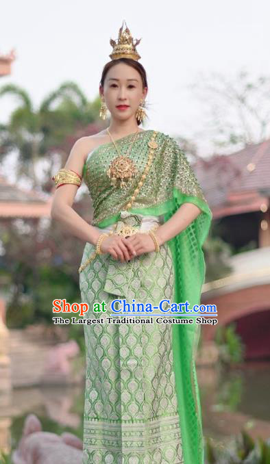 China Dai Nationality Stage Performance Costumes Asian Yunnan Ethnic Dance Green Dress