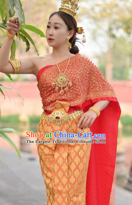 Asian Yunnan Ethnic Dance Red Dress China Dai Nationality Stage Performance Costumes