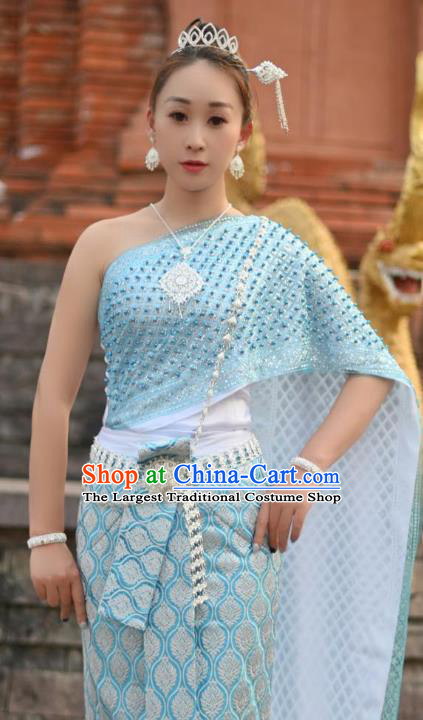 China Dai Nationality Minority Stage Performance Clothing Asian Yunnan Ethnic Folk Dance Blue Dress