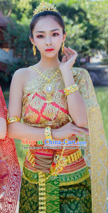 Traditional Thailand Court Green Dress Uniforms Asian Thai Female Stage Performance Clothing