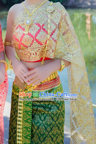 Traditional Thailand Court Green Dress Uniforms Asian Thai Female Stage Performance Clothing