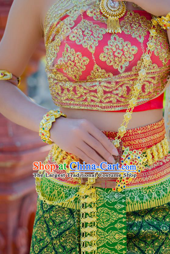 Traditional Thailand Court Green Dress Uniforms Asian Thai Female Stage Performance Clothing
