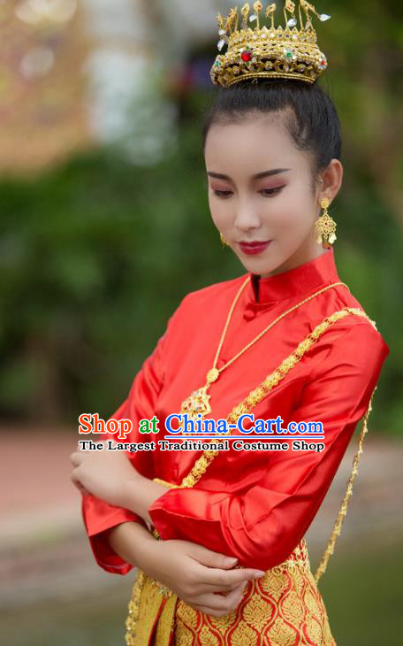 Asian Thai Woman Stage Performance Clothing Traditional Thailand Court Princess Red Blouse and Skirt Uniforms