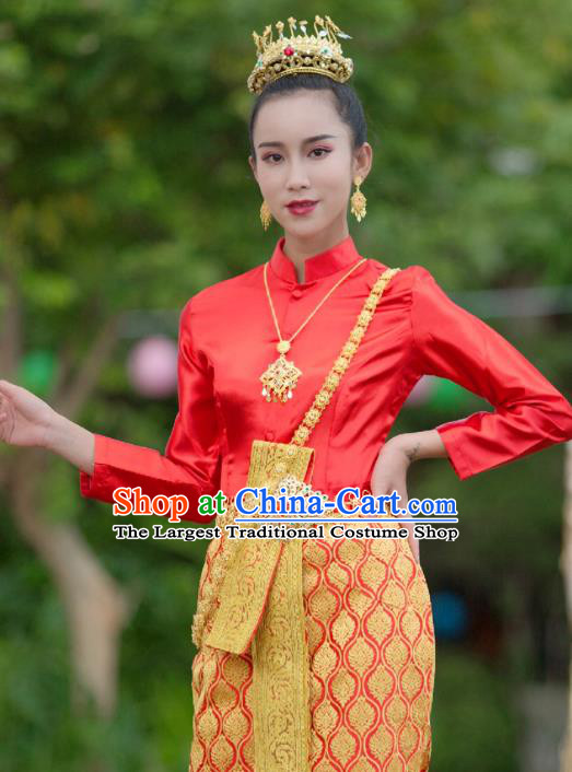 Asian Thai Woman Stage Performance Clothing Traditional Thailand Court Princess Red Blouse and Skirt Uniforms