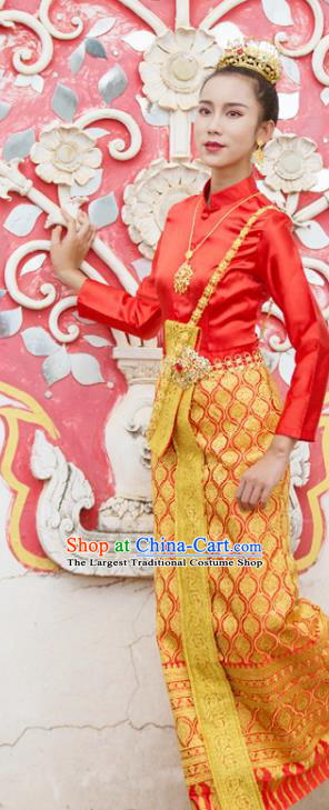 Asian Thai Woman Stage Performance Clothing Traditional Thailand Court Princess Red Blouse and Skirt Uniforms