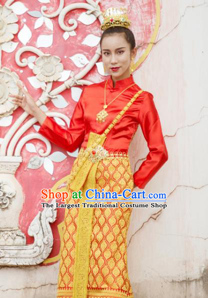 Asian Thai Woman Stage Performance Clothing Traditional Thailand Court Princess Red Blouse and Skirt Uniforms