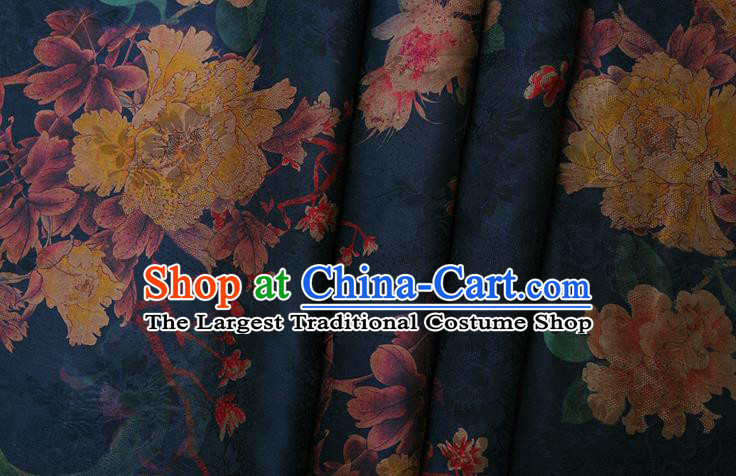 China Classical Cheongsam Peony Pattern Brocade Navy Gambiered Guangdong Gauze Traditional Silk Fabric