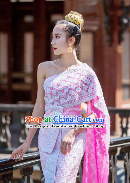 Asian Thai Folk Dance Clothing Traditional Thailand Court Princess Rosy Dress Uniforms