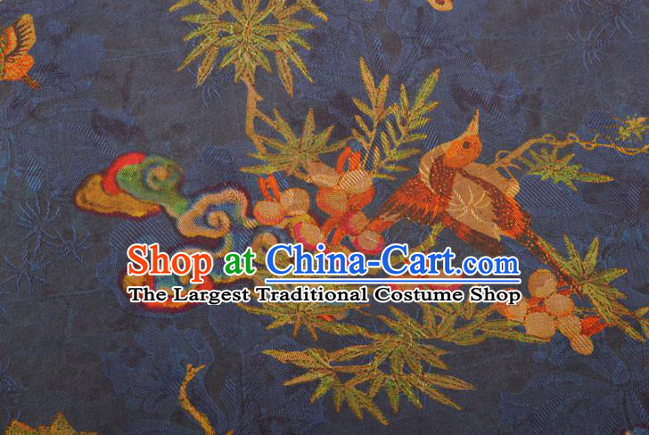 China Classical Cheongsam Birds Pattern Brocade Traditional Silk Fabric Blue Gambiered Guangdong Gauze
