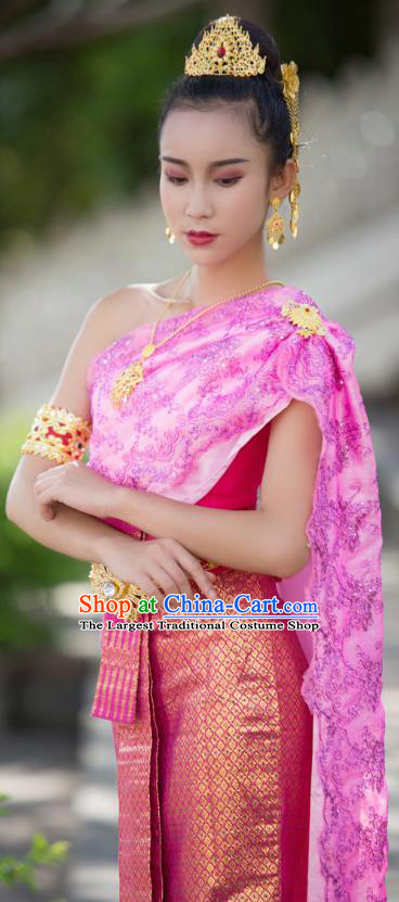 Asian Thai Princess Consort Dress Clothing Traditional Thailand Performance Blouse and Rosy Brocade Skirt Uniforms
