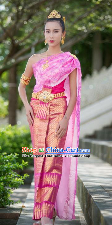 Asian Thai Princess Consort Dress Clothing Traditional Thailand Performance Blouse and Rosy Brocade Skirt Uniforms