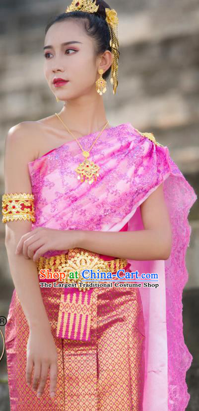 Asian Thai Princess Consort Dress Clothing Traditional Thailand Performance Blouse and Rosy Brocade Skirt Uniforms