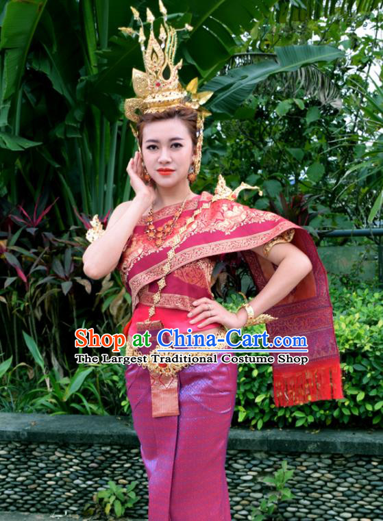 Asian Thai Court Princess Dress Clothing Traditional Thailand Performance Wine Red Blouse and Purple Skirt Uniforms