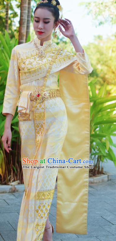 Asian Thai Court Consort Dress Clothing Traditional Thailand Performance Light Yellow Blouse and Skirt Uniforms