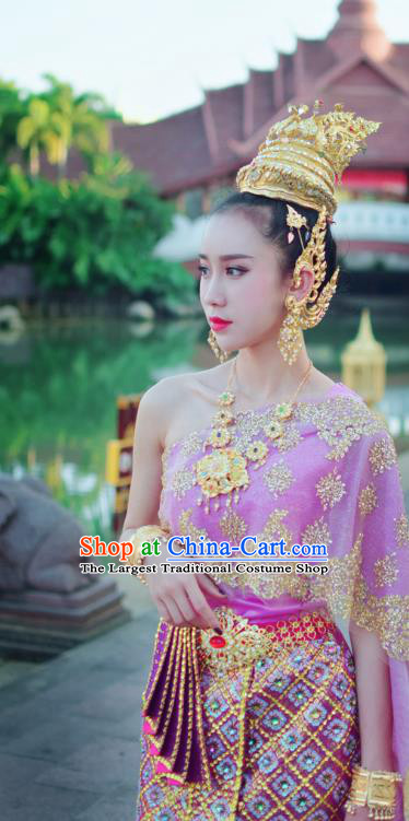 Asian Thai Folk Dance Dress Clothing Traditional Thailand Court Consort Purple Blouse and Skirt Uniforms