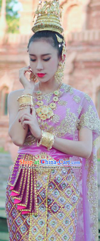 Asian Thai Folk Dance Dress Clothing Traditional Thailand Court Consort Purple Blouse and Skirt Uniforms