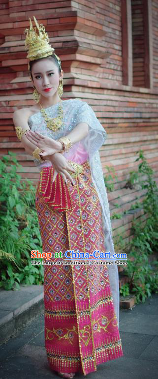 Asian Thai Wedding Woman Dress Clothing Traditional Thailand Court Consort Blouse and Embroidery Rosy Skirt Uniforms