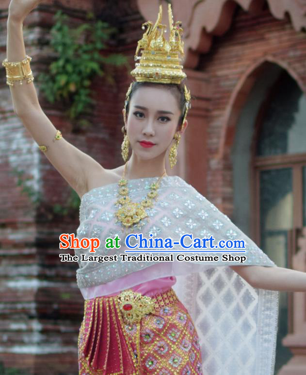 Asian Thai Wedding Woman Dress Clothing Traditional Thailand Court Consort Blouse and Embroidery Rosy Skirt Uniforms