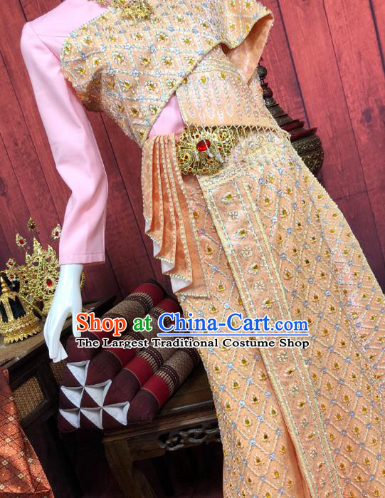 Asian Thai Princess Dress Clothing Traditional Thailand Court Consort Pink Blouse and Embroidery Golden Skirt Uniforms