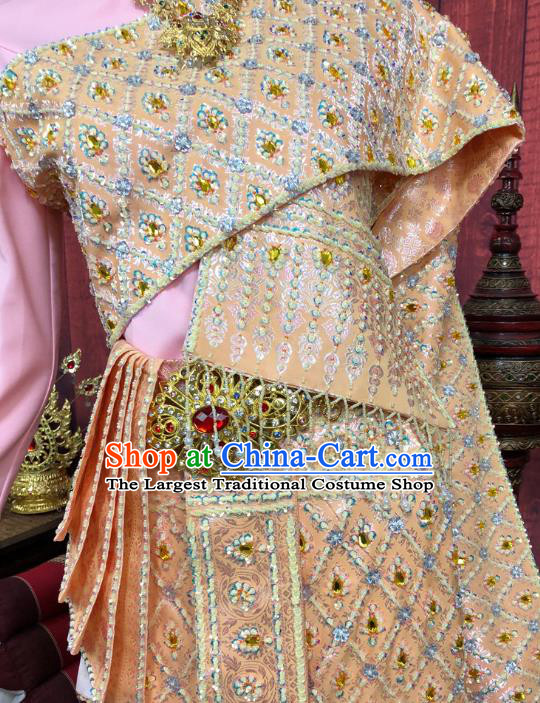 Asian Thai Princess Dress Clothing Traditional Thailand Court Consort Pink Blouse and Embroidery Golden Skirt Uniforms