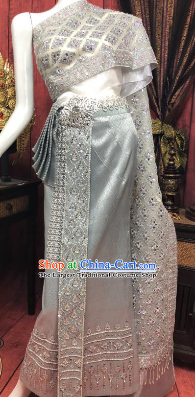 Asian Thai Palace Woman Dress Clothing Traditional Thailand Court Consort Top and Grey Skirt Uniforms
