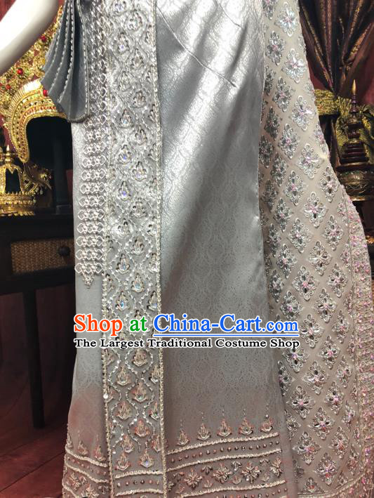 Asian Thai Palace Woman Dress Clothing Traditional Thailand Court Consort Top and Grey Skirt Uniforms
