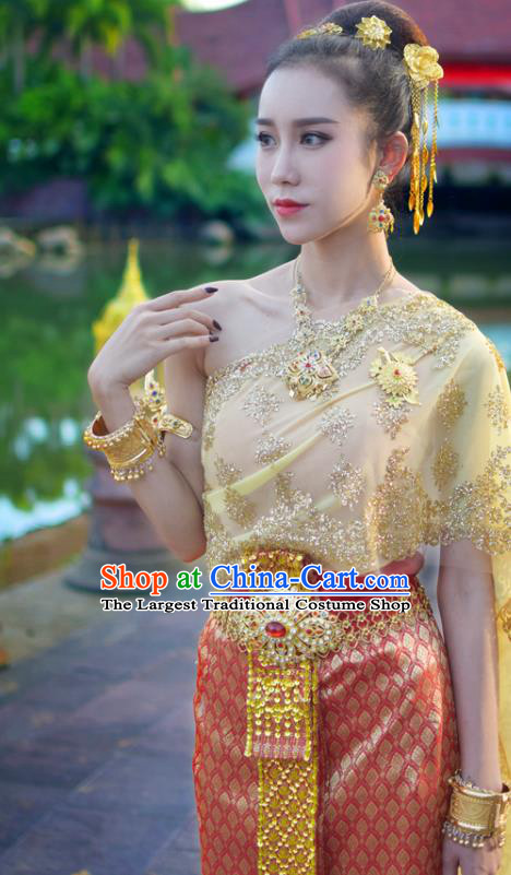Asian Thai Imperial Concubine Dress Clothing Traditional Thailand Wedding Top and Red Skirt Uniforms