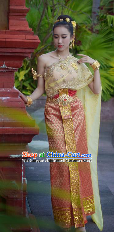 Asian Thai Imperial Concubine Dress Clothing Traditional Thailand Wedding Top and Red Skirt Uniforms