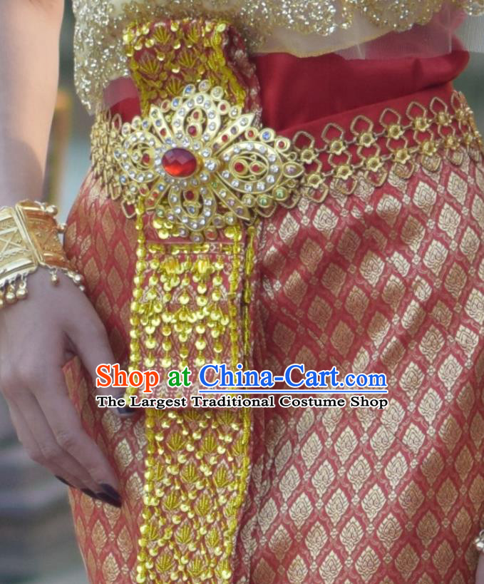 Asian Thai Imperial Concubine Dress Clothing Traditional Thailand Wedding Top and Red Skirt Uniforms