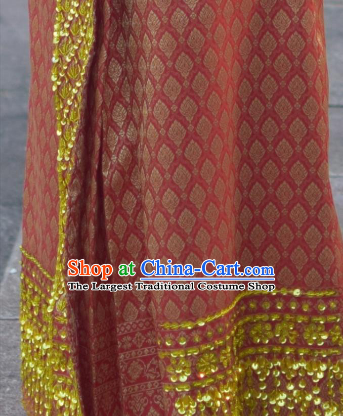 Asian Thai Imperial Concubine Dress Clothing Traditional Thailand Wedding Top and Red Skirt Uniforms