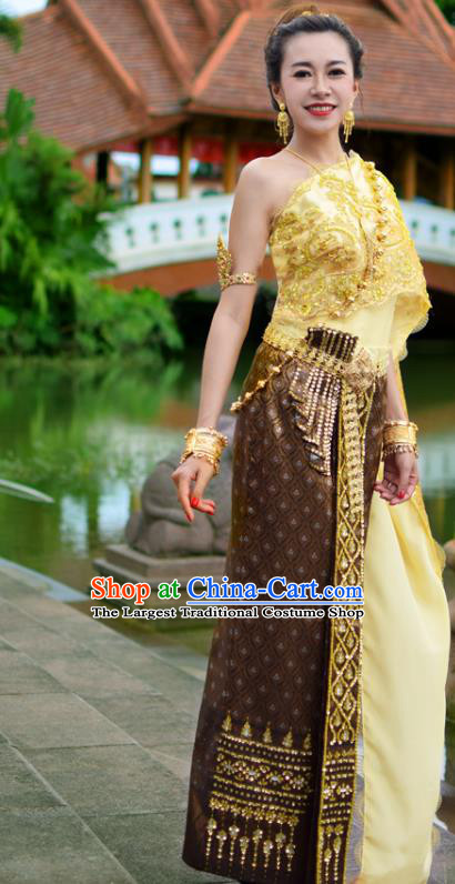 Asian Thai Wedding Bride Dress Clothing Traditional Thailand Young Woman Yellow Top and Brown Skirt Uniforms
