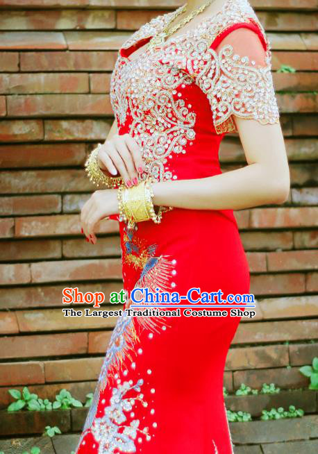 Asian Thai Bride Dress Clothing Traditional Thailand Wedding Embroidery Red Blouse and Skirt Uniforms