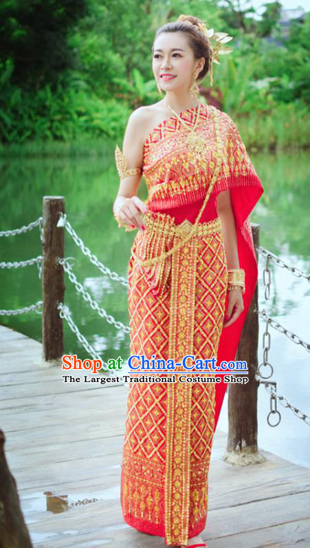 Asian Thai Court Woman Dress Clothing Traditional Thailand Embroidery Blouse and Red Skirt Wedding Uniforms