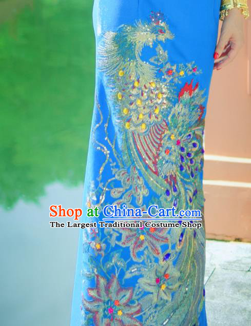 Asian Thai Bride Uniforms Dress Clothing Traditional Thailand Embroidery Sequins Blue Blouse and Skirt
