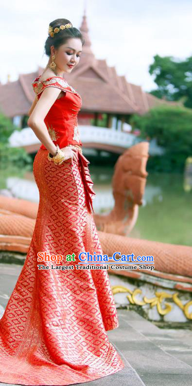 Asian Thai Bride Dress Clothing Wedding Uniforms Traditional Thailand Embroidery Sequins Red Blouse and Trailing Skirt
