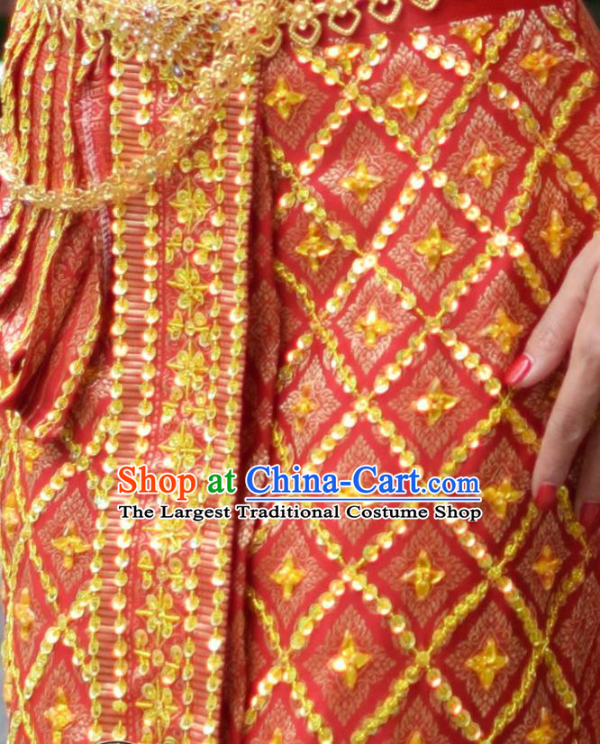 Asian Thai Wedding Uniforms Traditional Thailand Red Blouse and Skirt Bride Dress Clothing