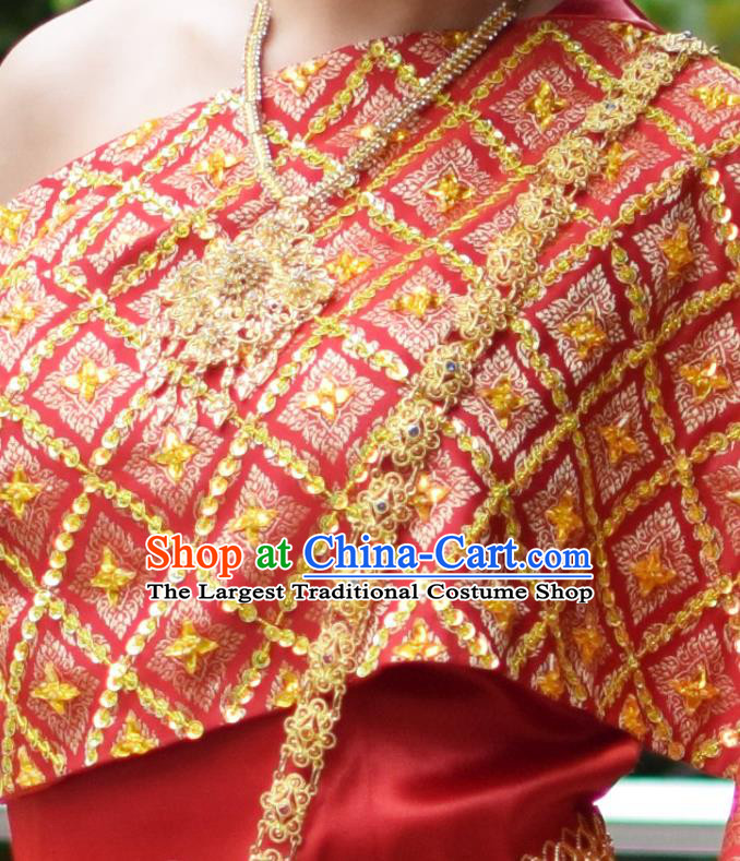Asian Thai Wedding Uniforms Traditional Thailand Red Blouse and Skirt Bride Dress Clothing