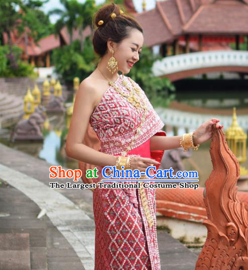 Traditional Thailand Rosy Blouse and Skirt Bride Dress Clothing Asian Thai Wedding Uniforms