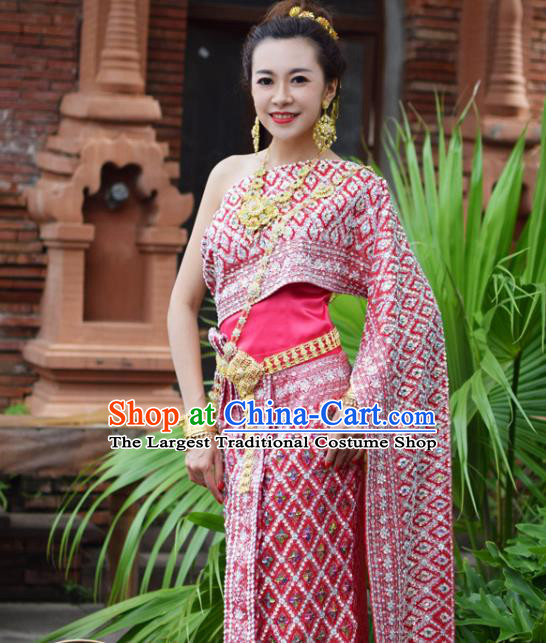 Traditional Thailand Rosy Blouse and Skirt Bride Dress Clothing Asian Thai Wedding Uniforms