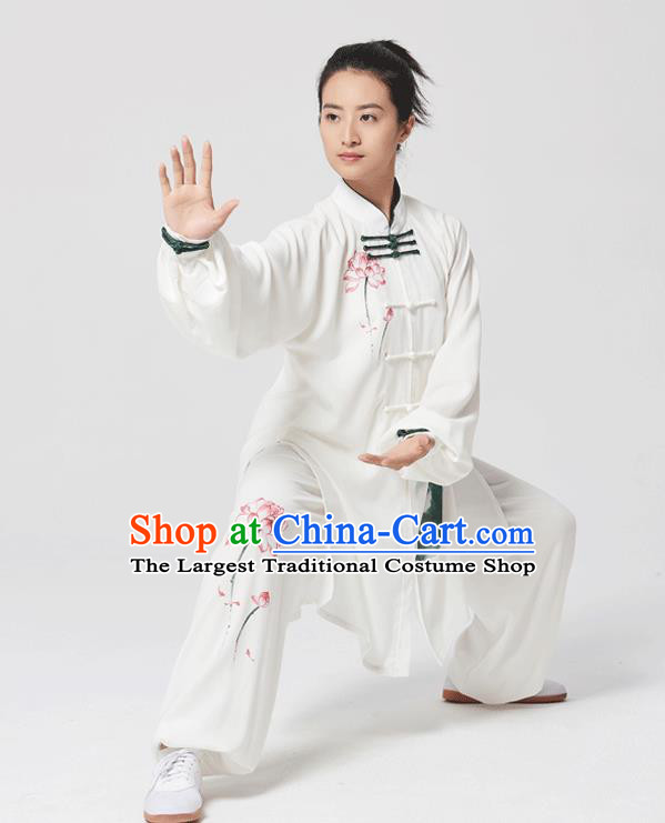 China Tai Chi Painting Lotus Costumes Traditional Kung Fu White Flax Uniforms