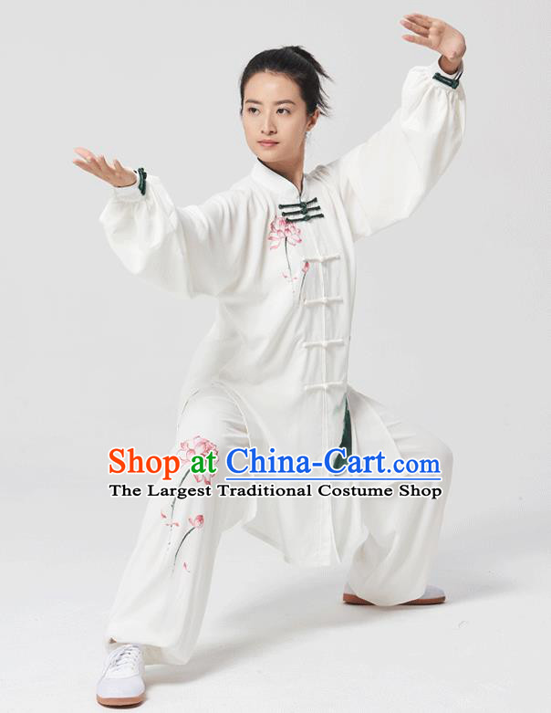 China Tai Chi Painting Lotus Costumes Traditional Kung Fu White Flax Uniforms