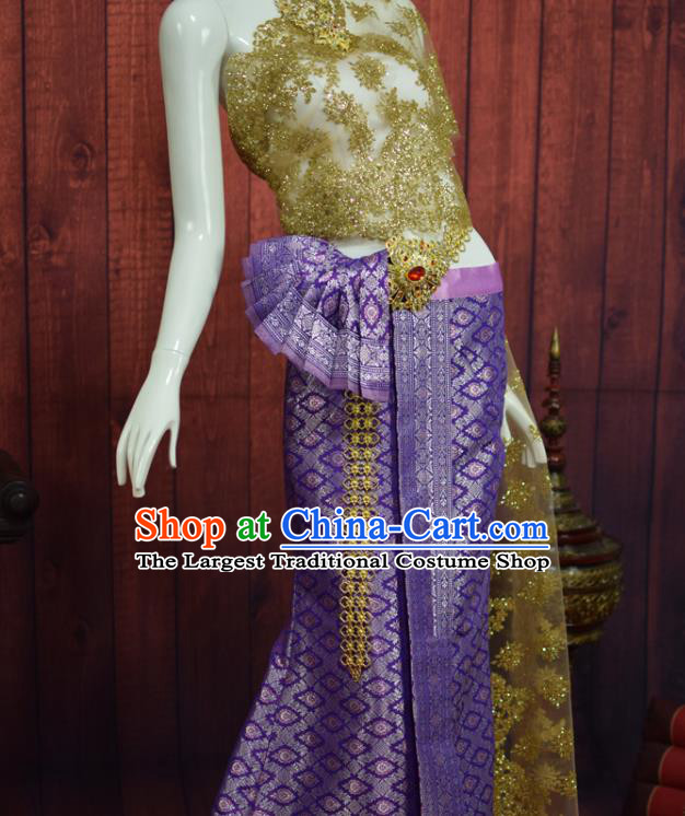 Traditional Thailand Bride Dress Clothing Asian Thai Wedding Uniforms Blouse and Purple Skirt
