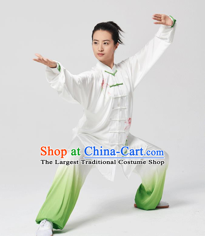 China Traditional Kung Fu Performance Uniforms Tai Chi Hand Painting Lotus White Costumes