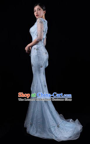 Top Grade Catwalks Blue Trailing Dress Stage Performance Costume Fishtail Dress