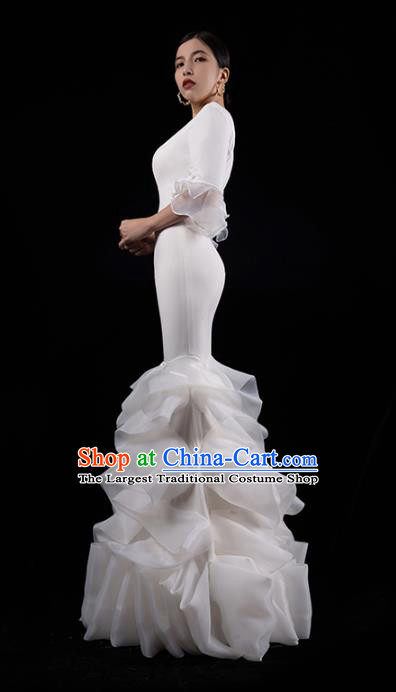 Top Grade Fishtail Dress Catwalks White Veil Dress Stage Performance Costume