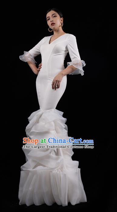Top Grade Fishtail Dress Catwalks White Veil Dress Stage Performance Costume