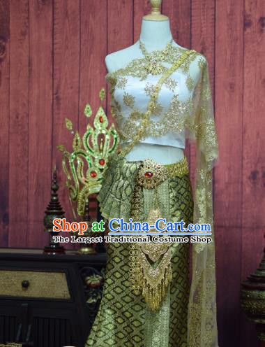 Asian Thai Wedding Uniforms Blouse and Green Skirt Traditional Thailand Bride Dress Clothing