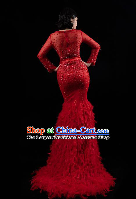 Top Grade Catwalks Red Feather Trailing Dress Compere Stage Performance Dress Costume