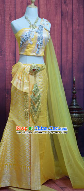 Traditional Thailand Embroidery Blouse and Yellow Skirt Court Dress Clothing Asian Thai Wedding Bride Uniforms